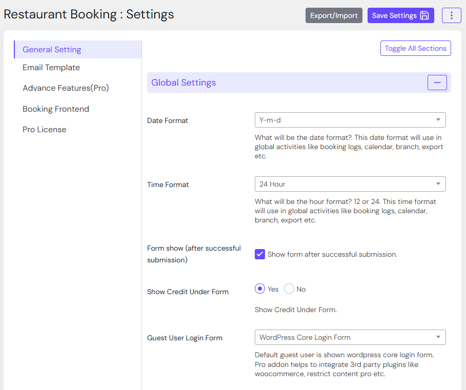Comfort Restaurant Booking - Global Settings