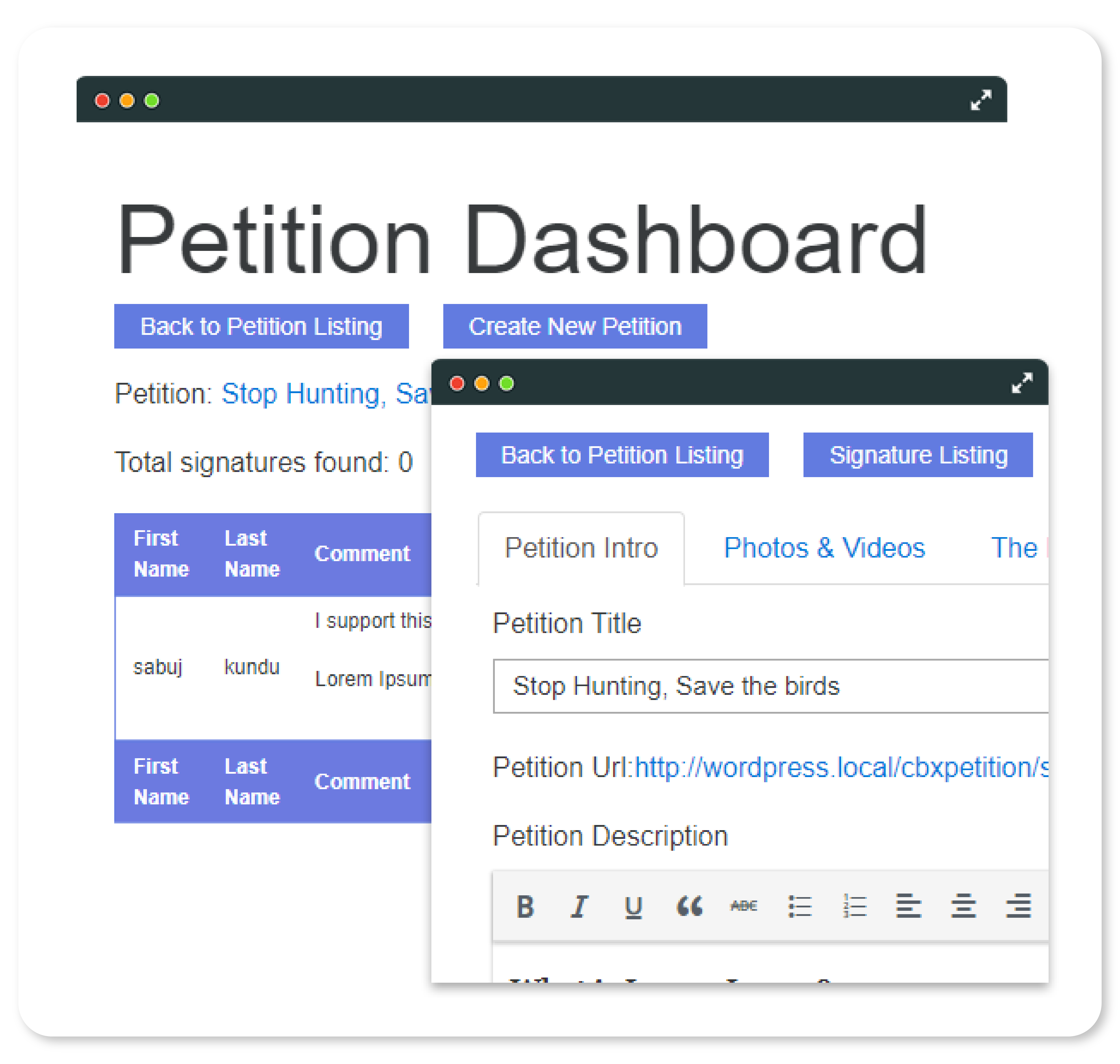 CBX Petition - Frontend User Dashboard