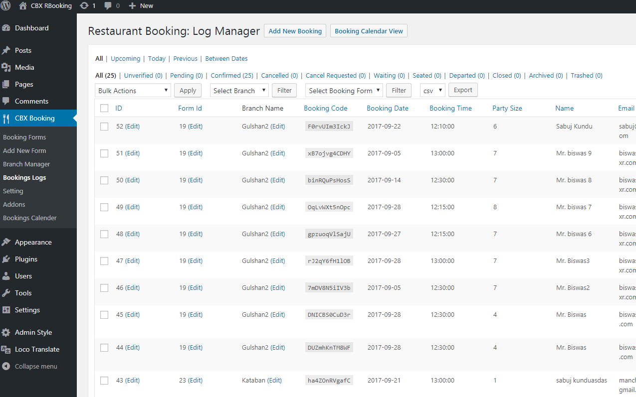 CBX Restaurant Booking log manager