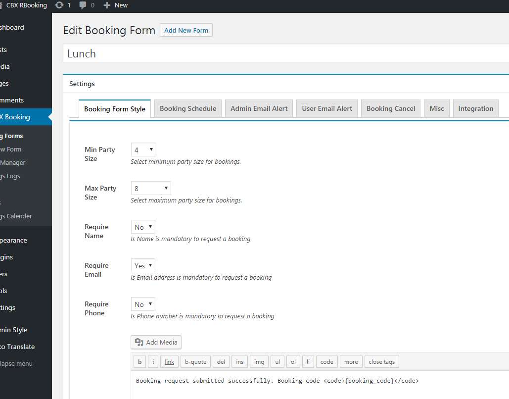 CBX Restaurant Booking Single form setting