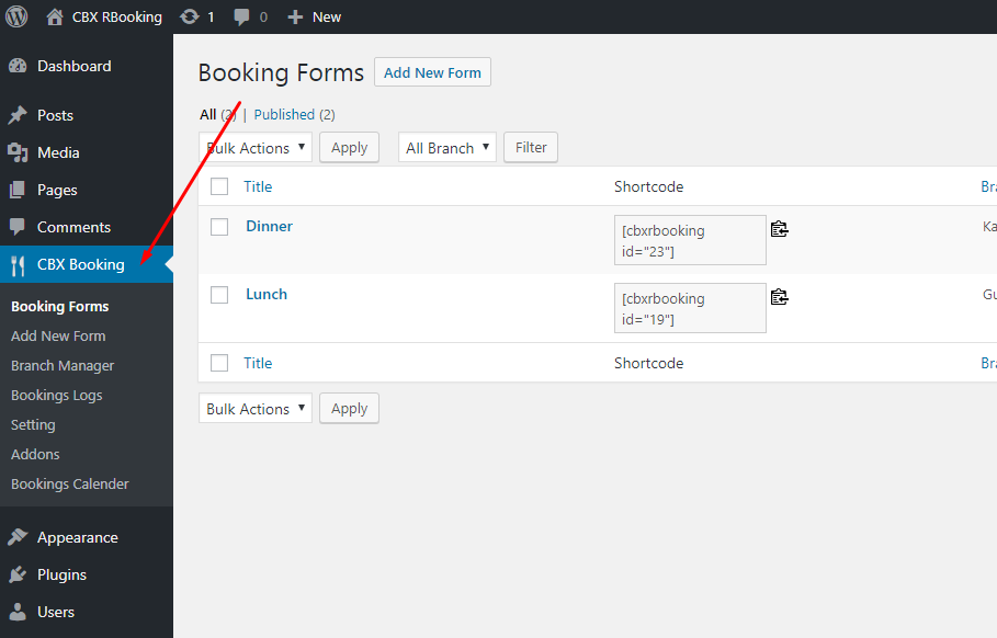 CBX Restaurant Booking Dashboard Menu