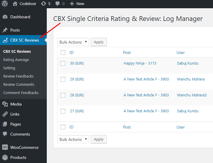 CBX 5 Star Rating & Review - Admin Menu