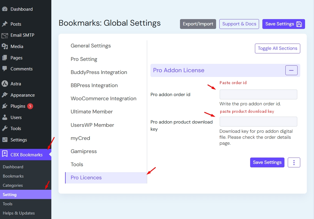 pro addon setting page