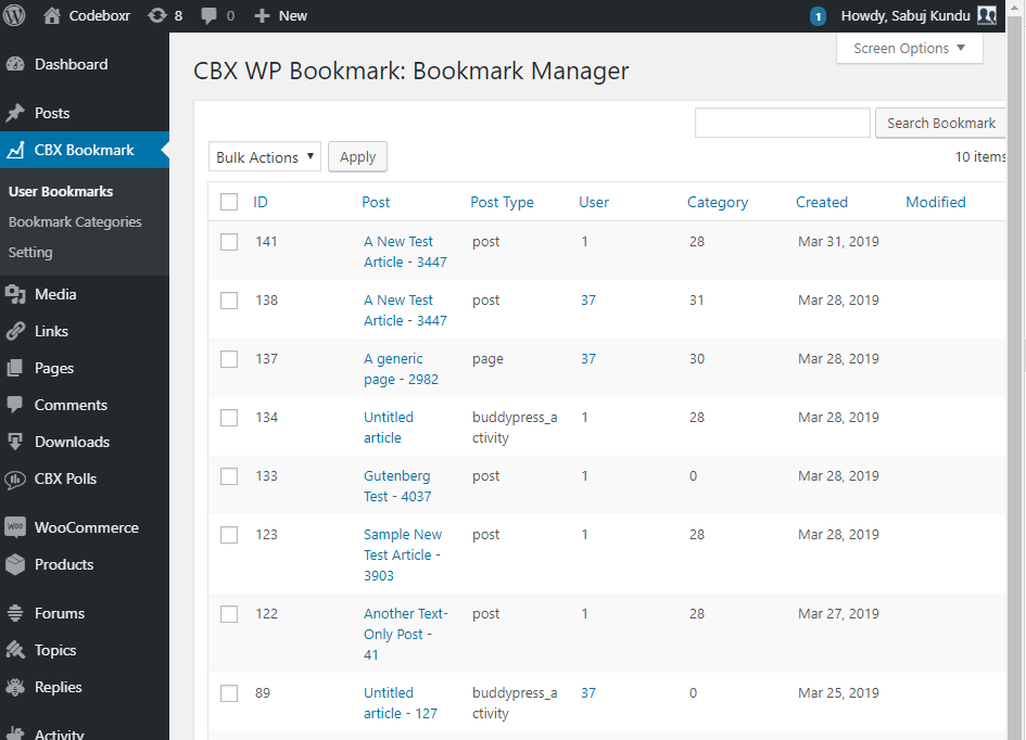 Admin Listing for All Bookmarks and Category